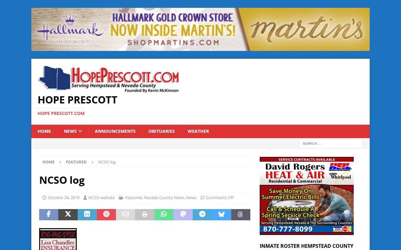 HopePrescott dated Nevada County Sheriff log article
